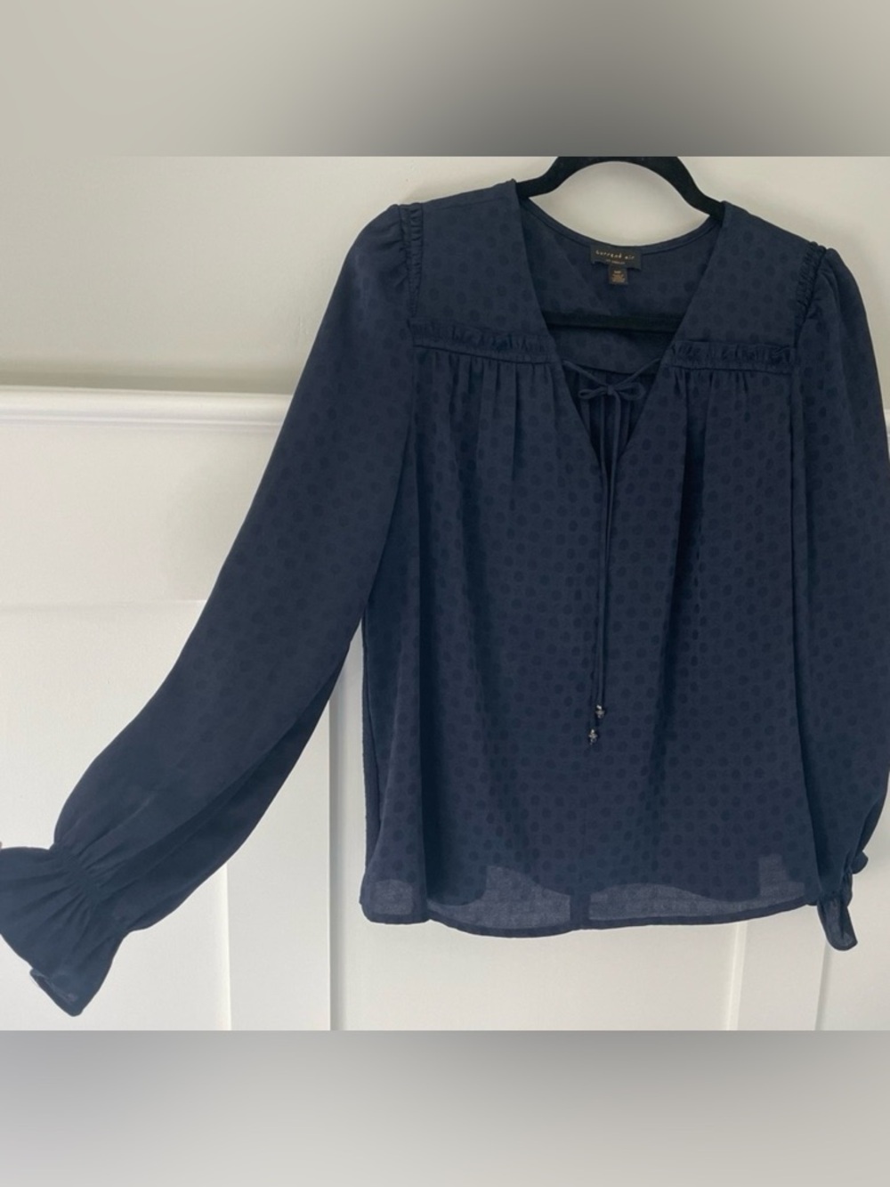 Navy Tie-Neck Peasant Blouse - Current Air